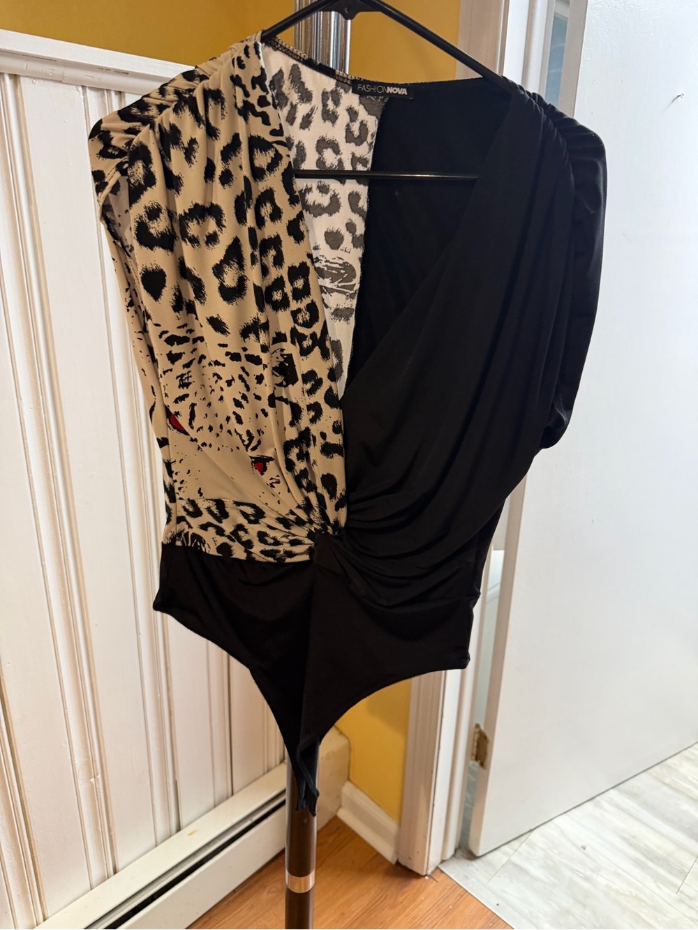 Fashion Nova Two-Tone Leopard Wrap Bodysuit - Black & Cream